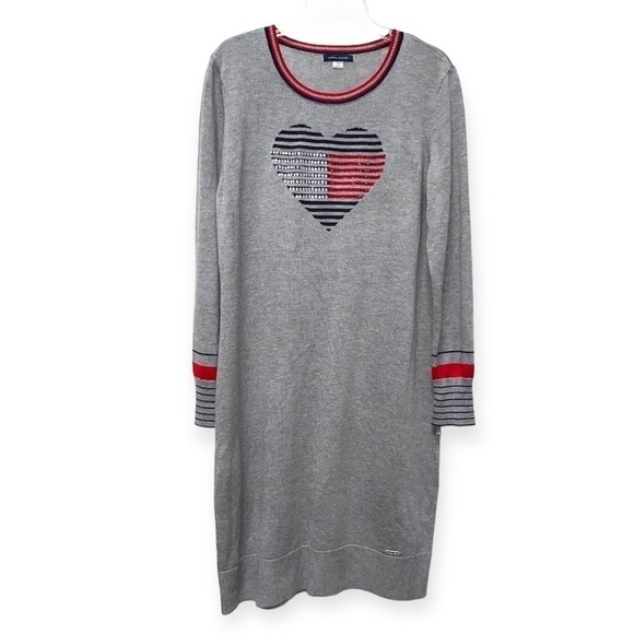 Tommy Hilfiger Dresses & Skirts - Tommy Hilfiger Embellished Heart Sweater Dress Size Large Gray Red Blue